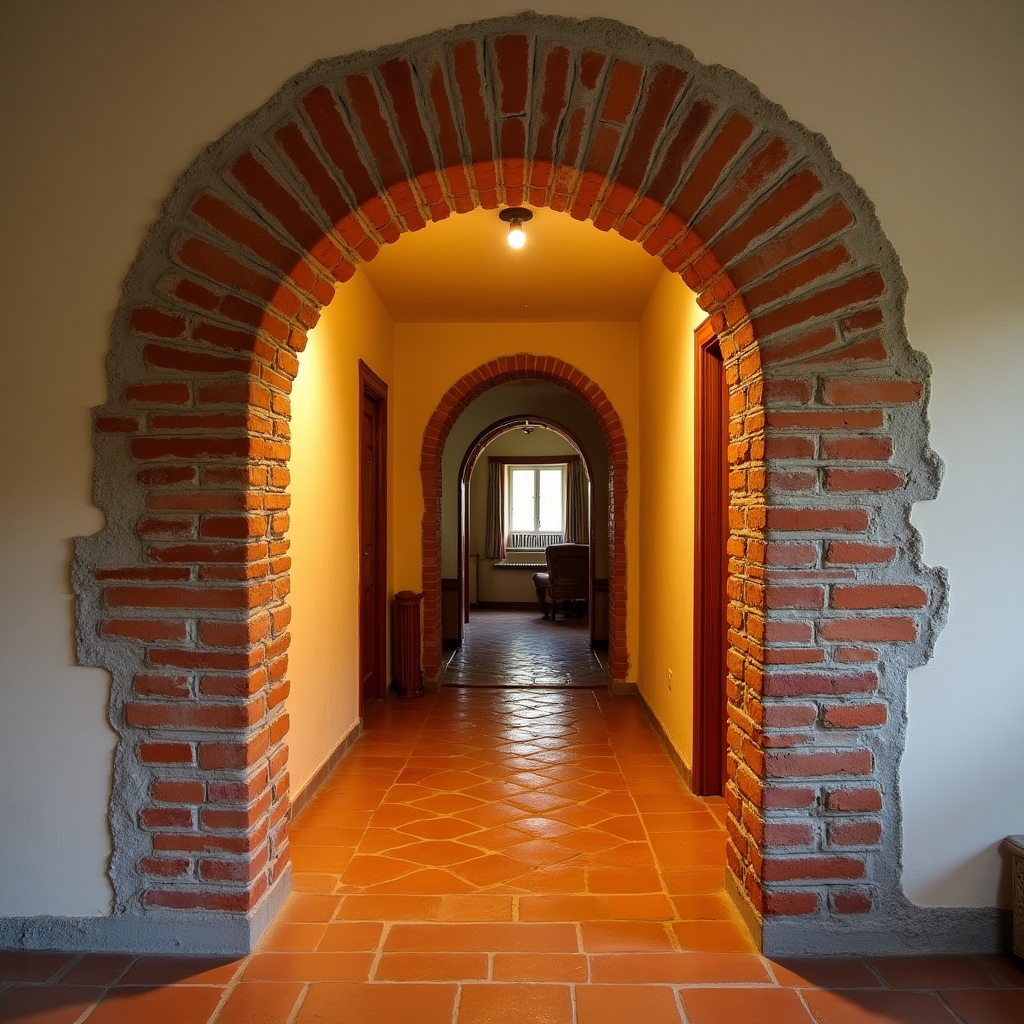Arc ornamental din cărămidă aparentă în holul de intrare al unei case