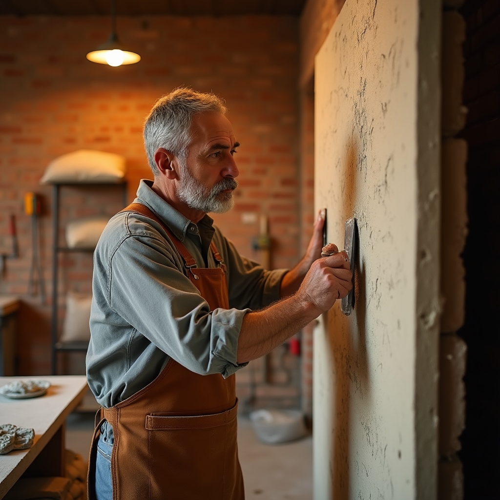 Atelier de zidărie ornamentală cu meșter aplicând tencuială decorativă