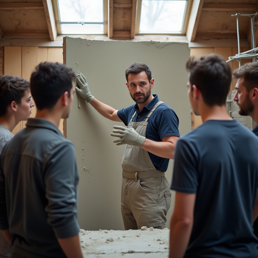 Instructor demonstrând tehnica de aplicare a tencuielii decorative unui grup de cursanți