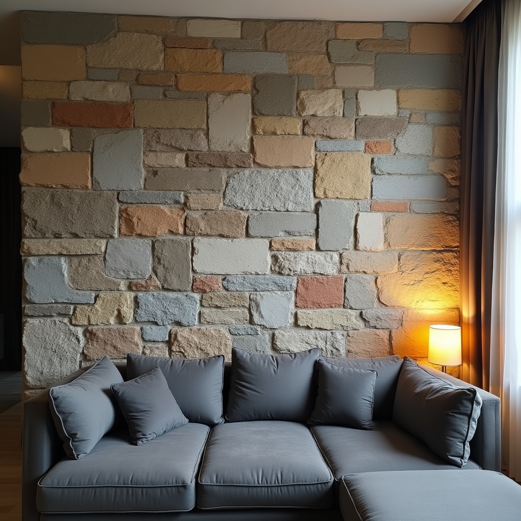 Perete cu piatră aparentă naturală aplicată în living, cu iluminare caldă ambientală