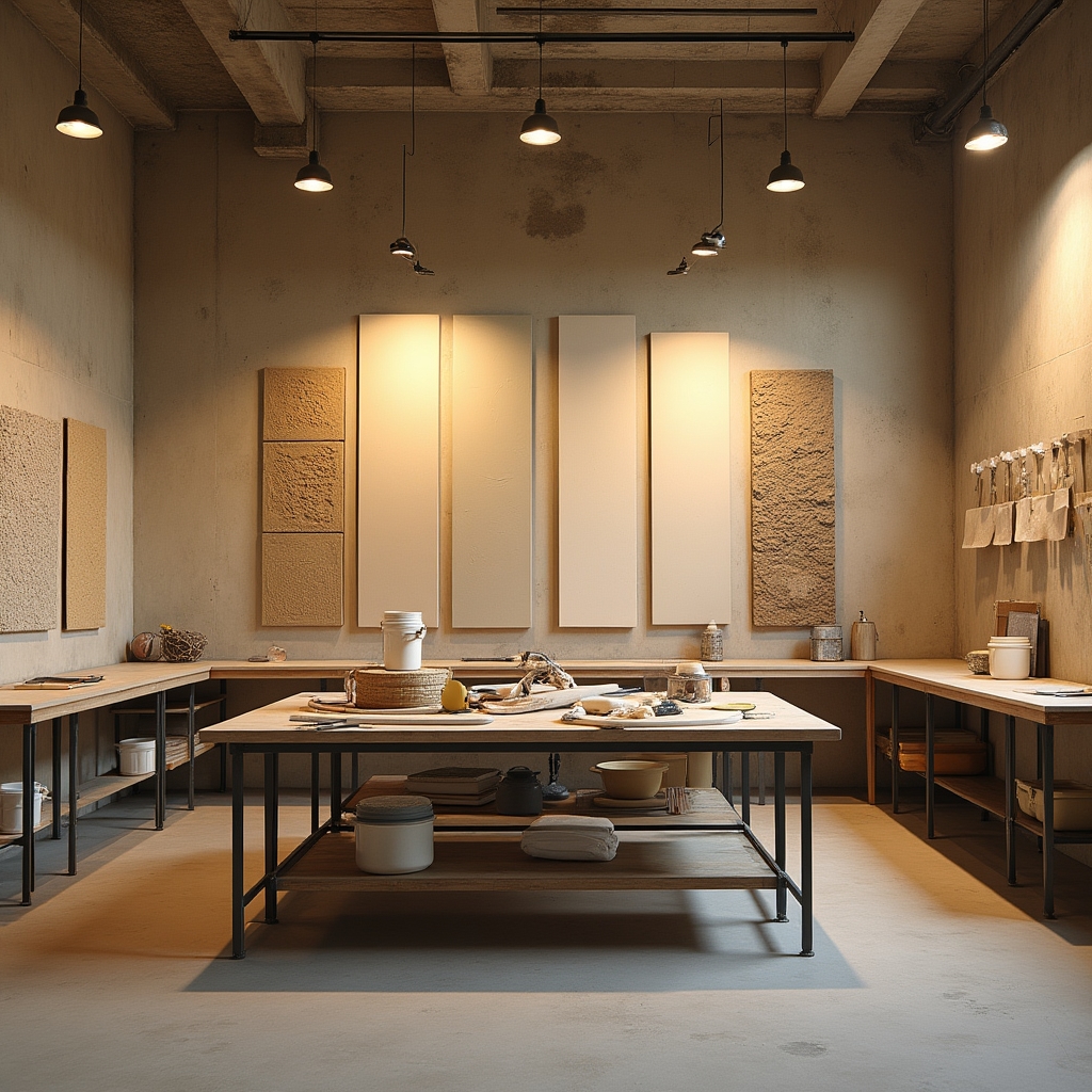 Interior atelier Tavel Qarax cu panouri demonstrative de finisaje